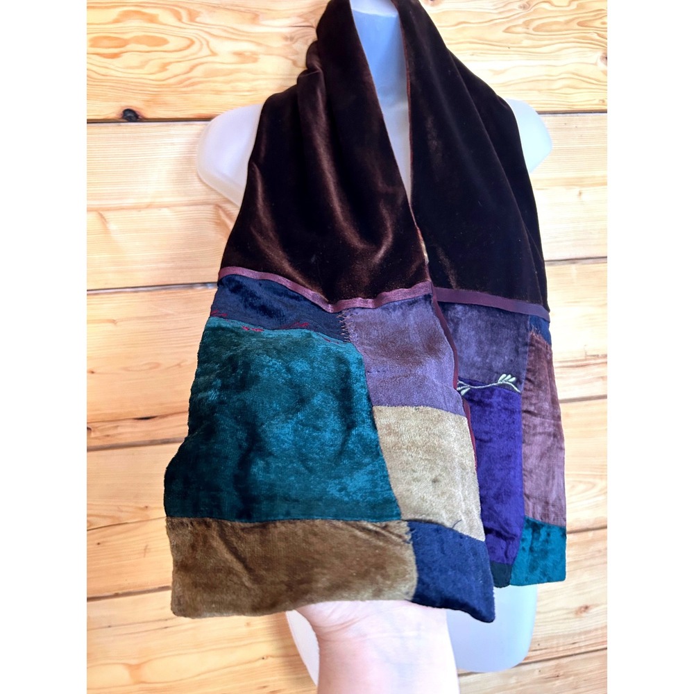Vintage Handmade Patchwork Velvet Scarf Jewel Tone Embroidered Boho Brown Purple